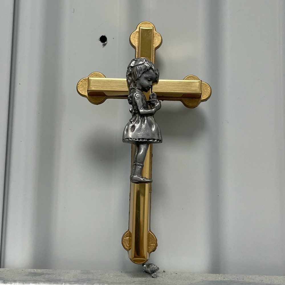 Camco Vintage Praying Girl on a Cross Crucifix Pewter Gold Wall Hanging Baptism